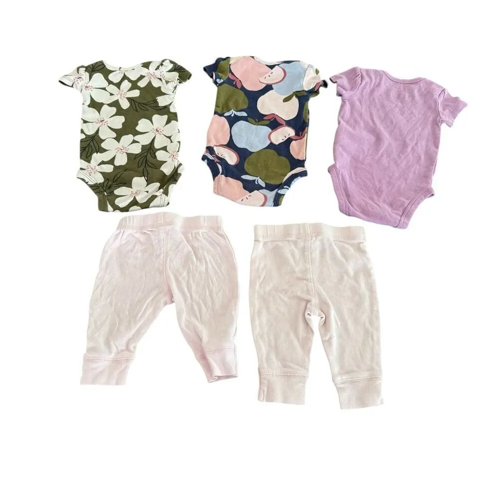Baby girl Bundle Set 5PC Size 3M Short Sleeve Onesie Pants Pink Purple Floral - Picture 2 of 3